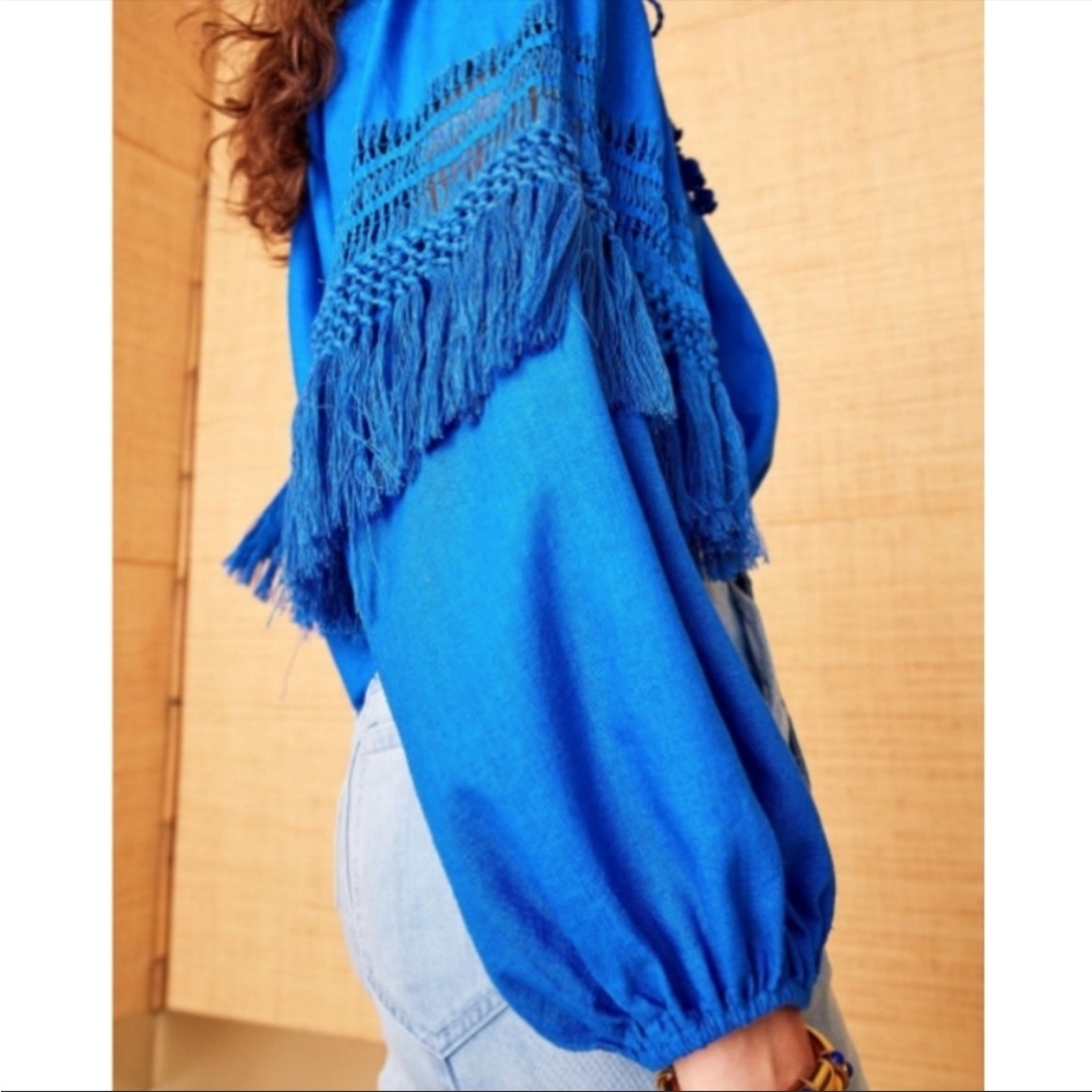 Ulla Johnson Duman Fringe Blouse Tassel Top Crochet Azul Blue Long Sleeve XS 0 - Picture 4 of 7